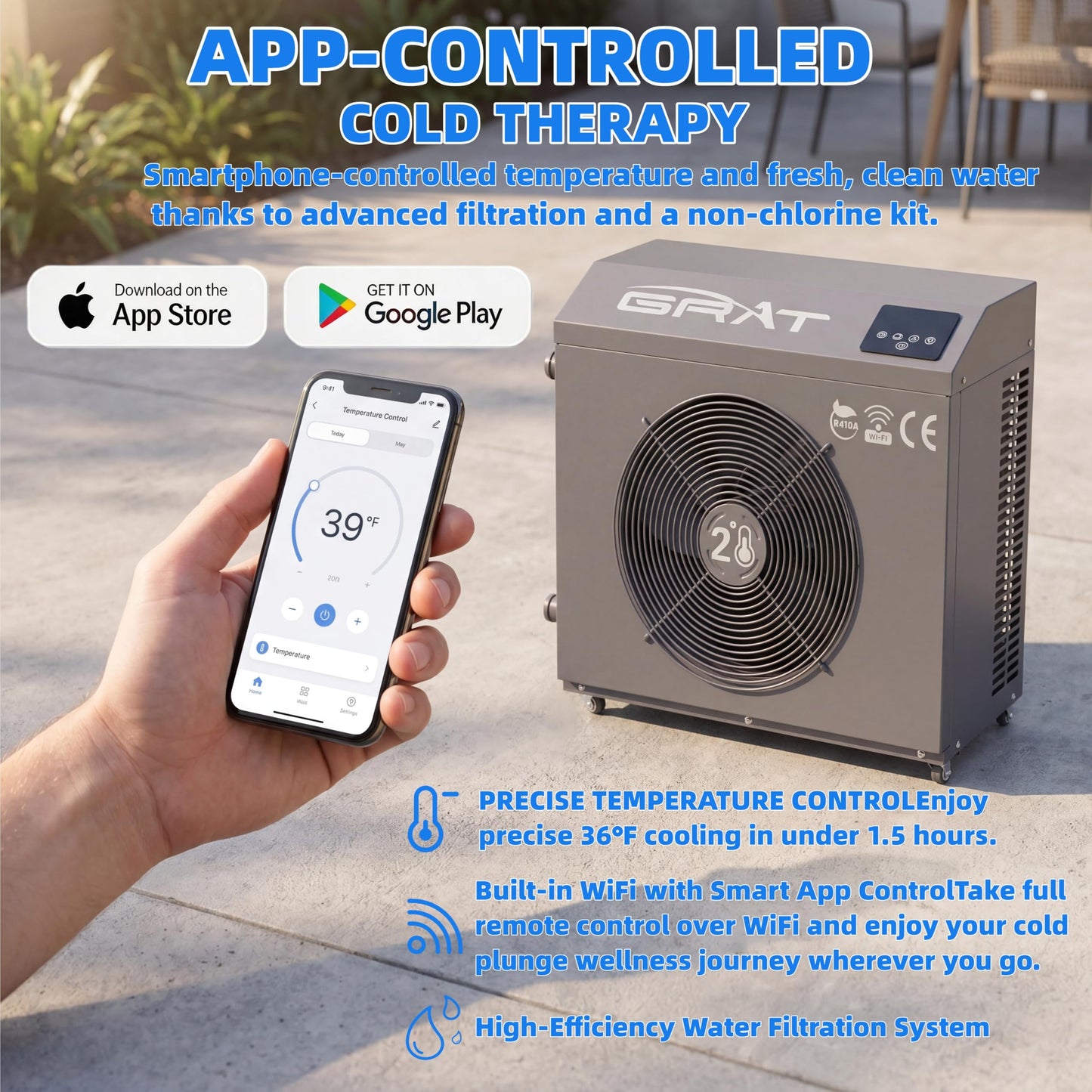 GRAT 1.5HP Chiller with Cold Plunge Tub, 88 Gallon Ice Bath System for Athletes, WiFi App Control, No Ice Needed, Cools to 36°F, Cold Water Therapy & Recovery Tub for Home Gym Indoor Outdoor