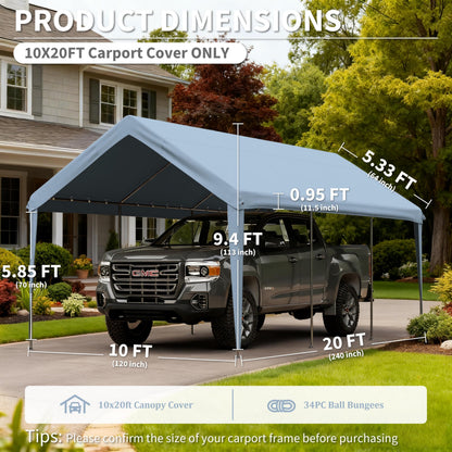 Pakunoda Carport Replacement Canopy Cover 10'x20' for Tent Top Garage Shelter Cover, 800D Heavy Duty Oxford Waterproof & UV Protected Car Canopy Tarp with Ball Bungees (Frame is not Included)