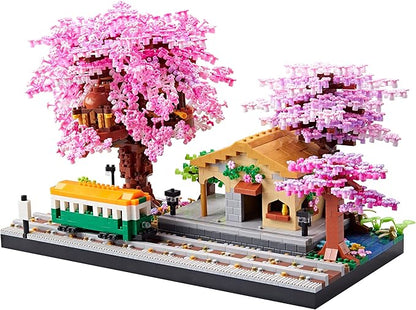 Japanese Cherry Blossom Tree Flower House Micro Building Blocks Set for Adults Bus Station Mini Bricks Model Treehouse Decorative Architectural