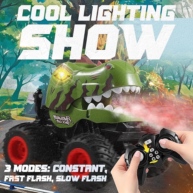 BEZGAR Monster Truck Toys - Remote Control Monster Truck with Spray Light Music Dinosaur Toys for Kids 1:20 Scale RC Truck with 360° Spins and Drifting Remote Control Car for Boys 4-7 Camo Green