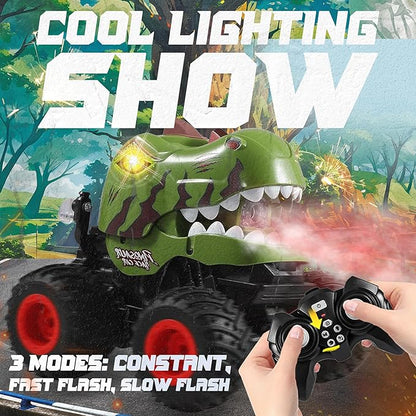 BEZGAR Monster Truck Toys - Remote Control Monster Truck with Spray Light Music Dinosaur Toys for Kids 1:20 Scale RC Truck with 360° Spins and Drifting Remote Control Car for Boys 4-7 Camo Green