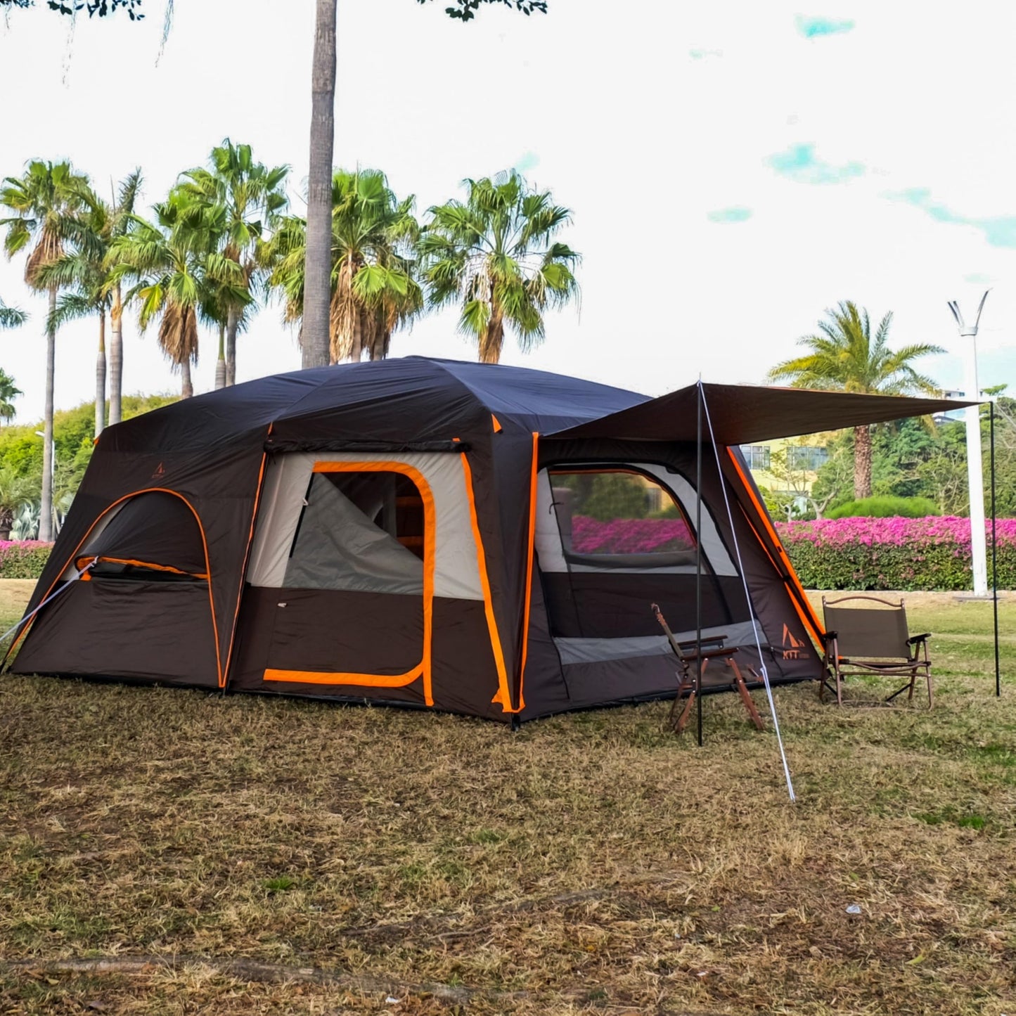 KTT Extra Large Tent 12 Person,Family Cabin Tents,Full Rainfly,2 Bay-Windows,2 Rooms and 3 Doors 3 Windows with Mesh,Waterproof,Straight Wall,Double Layer,Big Tent for Outdoor,Picnic,Camping(Brown)