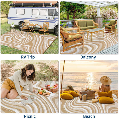 MilleLoom 10x20 Large Outdoor Patio Rug Modern Abstarct Plastic Straw Outdoor Rugs Waterproof Foldable UV Resistant Camping Reversible Mats for Deck, Camper, Balcony, Beach, Rv，Brown/Coffee/White