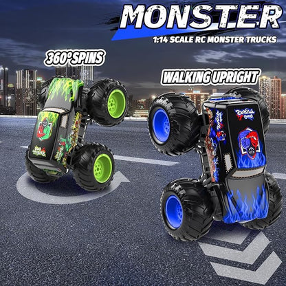 1:14 Waterproof Remote Control Car Front &amp Rear Wheelie Monster Truck Amphibious RC Truck with 2 Sets of Rechargeable Batteries and AAA Batteries 4WD Off-Road Vehicle for Kids Ages 6-12