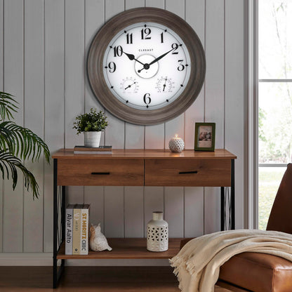 CLXEAST 24 Inch LED Illuminated Outdoor Clocks Waterproof with Thermometer & Hygrometer, Large Lighted Metal Wall Clock with Smart Night Light Sensor,Grey Oak Finish,House Warming Gifts New Home