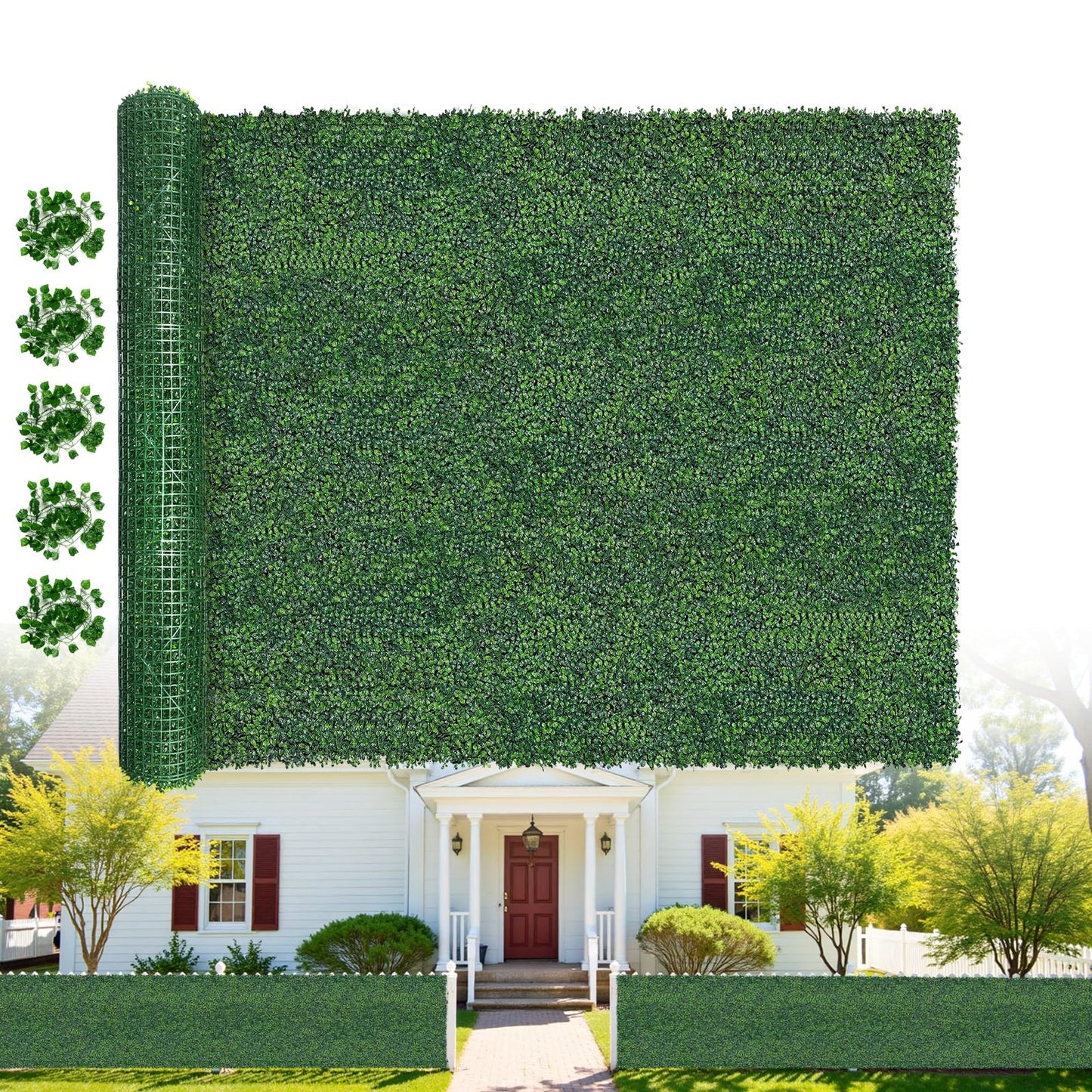Artificial Boxwood Roll Grass Wall Panels, Greenery Outdoor 40"x120" (33.33 Sqft) UV-Anti Fake Ivy Privacy Fence Screen for Patio, Balcony, Garden, Backyard, and Fence Decor-Includes 5 PCS 79" Vines