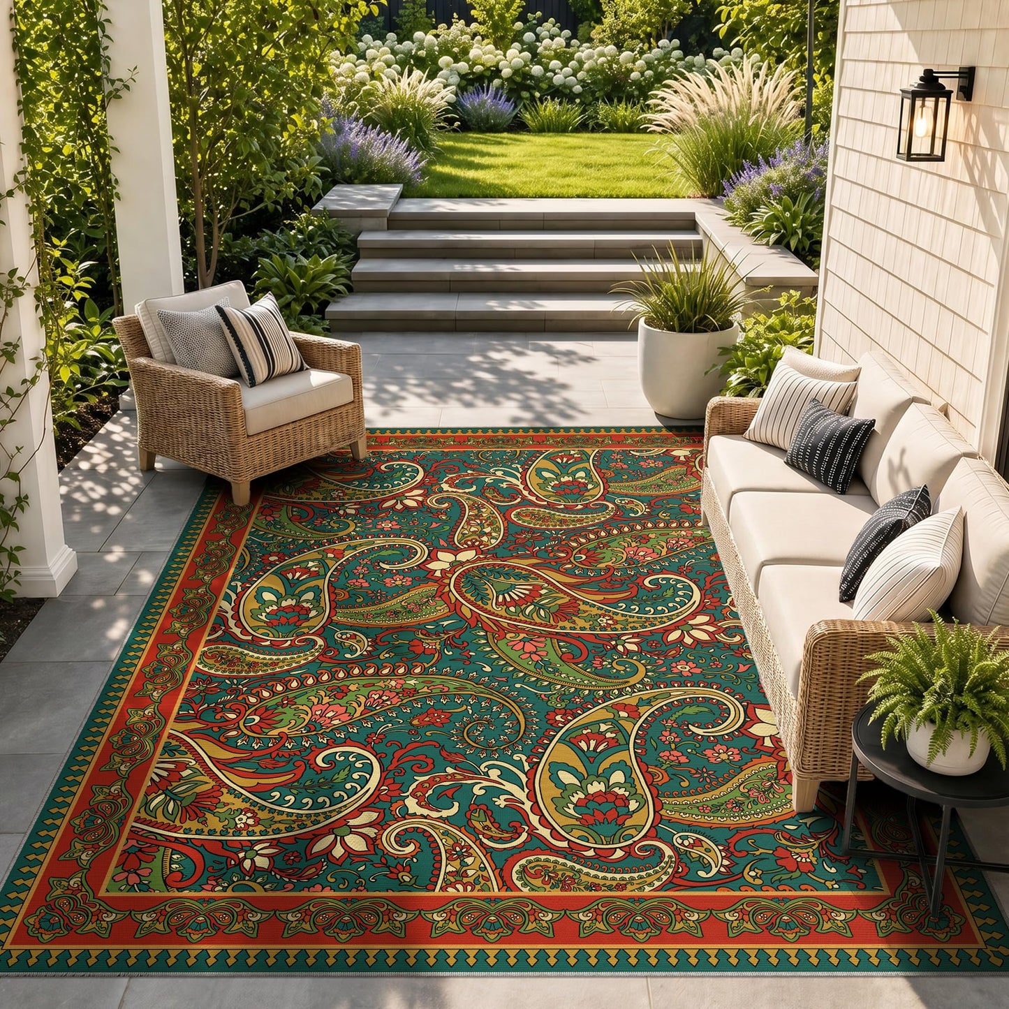 Arenarug Paisley Outdoor Rug Waterproof 6x9, UV Resistant Non Slip Patio Rug, Indoor Outdoor Boho Camping Rug Linen-Look RV Carpet for Deck Balcony Backyard, Terracotta
