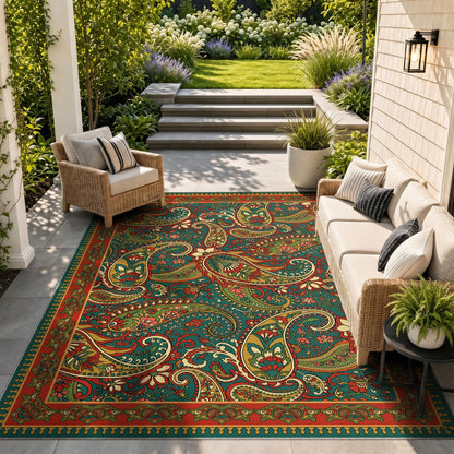 Arenarug Paisley Outdoor Rug Waterproof 6x9, UV Resistant Non Slip Patio Rug, Indoor Outdoor Boho Camping Rug Linen-Look RV Carpet for Deck Balcony Backyard, Terracotta