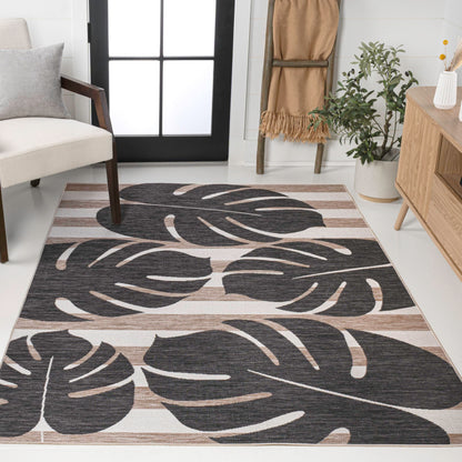JONATHAN Y Beach Stripe and Monstera Leaf Indoor Outdoor Area Rug 8X10 Black/Beige, Allison Classic for Backyard, Patio, Porch, Easy-Cleaning, High Traffic, Pet-Friendly, Non-Shedding (TSN400A-8)
