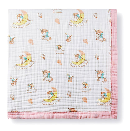 Jay & Ava Soft Cotton Muslin Blanket, 42' x 42', 4 Layers Bed Throw for Toddler, Large Baby Receiving Blanket - Pink Moon Unicorn