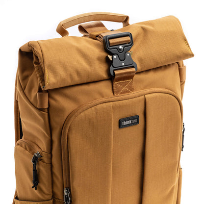 Think Tank FocusPoint 30L RollTop Camera Backpack - Golden Hour: Expandable Travel & Camera Backpack with Laptop Sleeve, Quick Side and Back Access, Rain Cover – Versatile Photography & Travel Bag