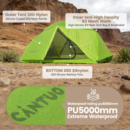 CANTUO Ultralight Camping Backpacking Tent 2 Person - Windproof & Waterproof PU5000mm 20D Nylon Tents for Camping, Hiking, Bikepacking