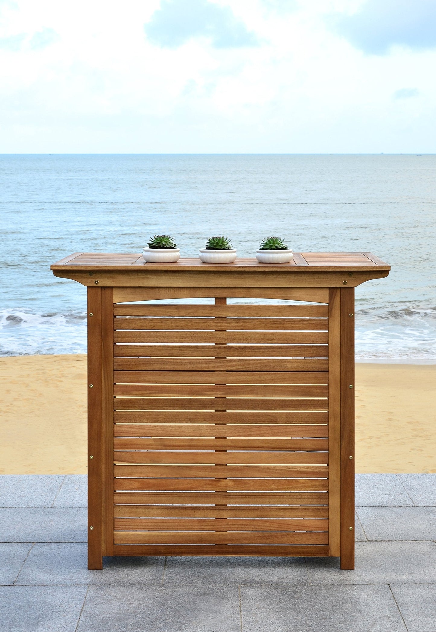 SAFAVIEH Outdoor - Monterey Natural Brown Acacia Wood Bar Table, Slatted Outdoor Bar Table with Storage Shelves, Patio Entertaining Station (PAT7011A)