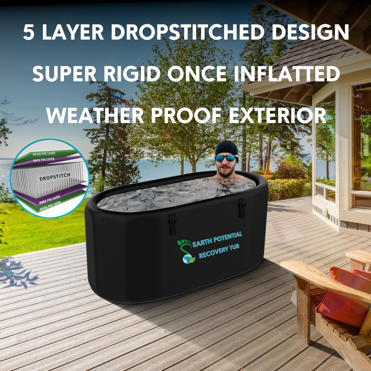 Recovery Tub – XL Inflatable Ice Bath for Cold Water Therapy & Muscle Recovery | Durable, Leak-Proof Cold Plunge Tub for Athletes | Ice Plunge Bath with Chiller Connections | Insulated Cover