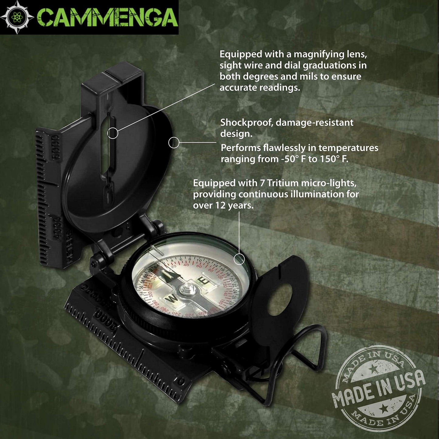Cammenga Lensatic Tritium Compass, Official USA Military Compass - Accurate and Ultralight Tactical Compasses for Orienteering Backpacking Hunting Hiking Boating - Black