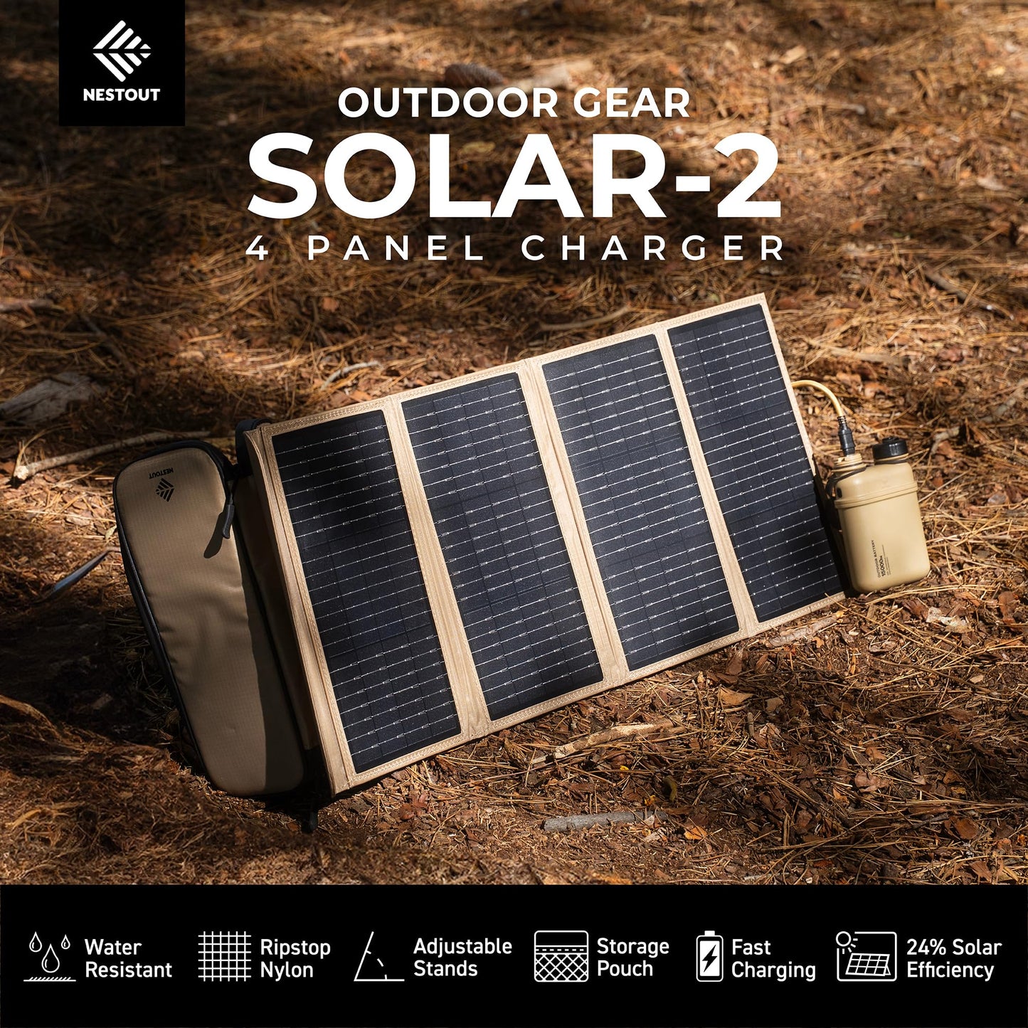 NESTOUT Portable Solar Panel, USB-C and USB-A Ports, 28W Solar Charger for Camping, Water Repellent Ripstop Nylon, Foldable Compact Design, Digital Ammeter, Adjustable Stand, Beige (4 Panel)
