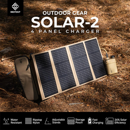 NESTOUT Portable Solar Panel, USB-C and USB-A Ports, 28W Solar Charger for Camping, Water Repellent Ripstop Nylon, Foldable Compact Design, Digital Ammeter, Adjustable Stand, Beige (4 Panel)