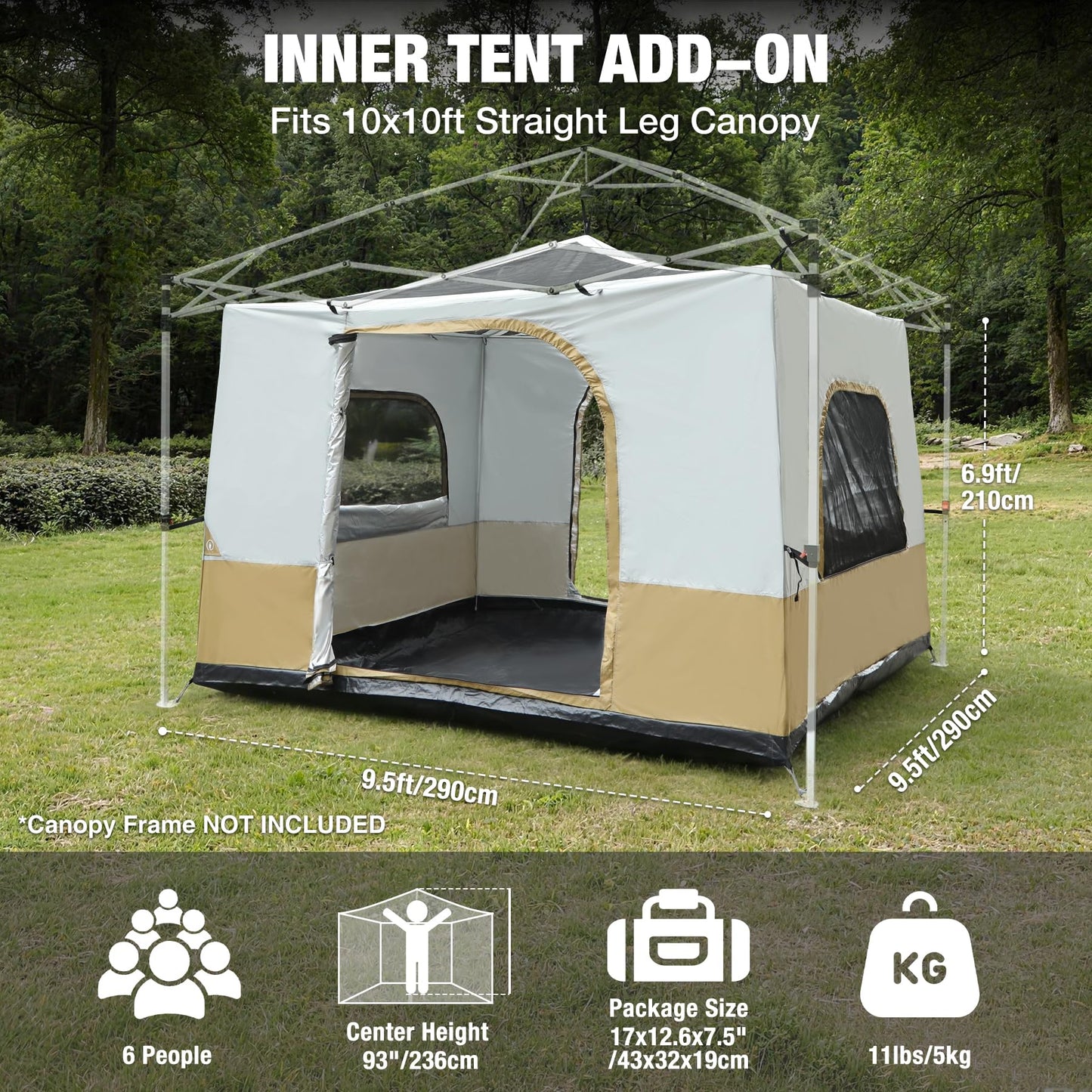 REDCAMP Canopy Camping Tent for Pop Up Canopy Tent, Inner Tent with Mesh Window, Converts Straight Leg 10'x10' or 10'x20' Canopy into Camping Tent, Fits 4-6 Person, Khaki(Frame/Shelter NOT Included)