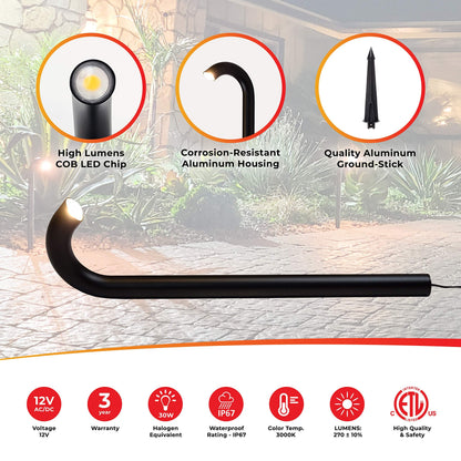 LUMENGY 3W LED Landscape Bollard Path Light, Modern Curved Design, 12V Low Voltage, IP67 Waterproof, for Pathways, Driveways and Walkways, Black Finish, 4 Pack
