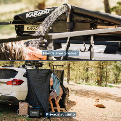 Kakadu Outback Shower Vehicle Tent, Camping Privacy Shelter, Bathroom Tent for Cars – with Roof, LED Light, BlockOut® Technology, Towel Rod, Storage System
