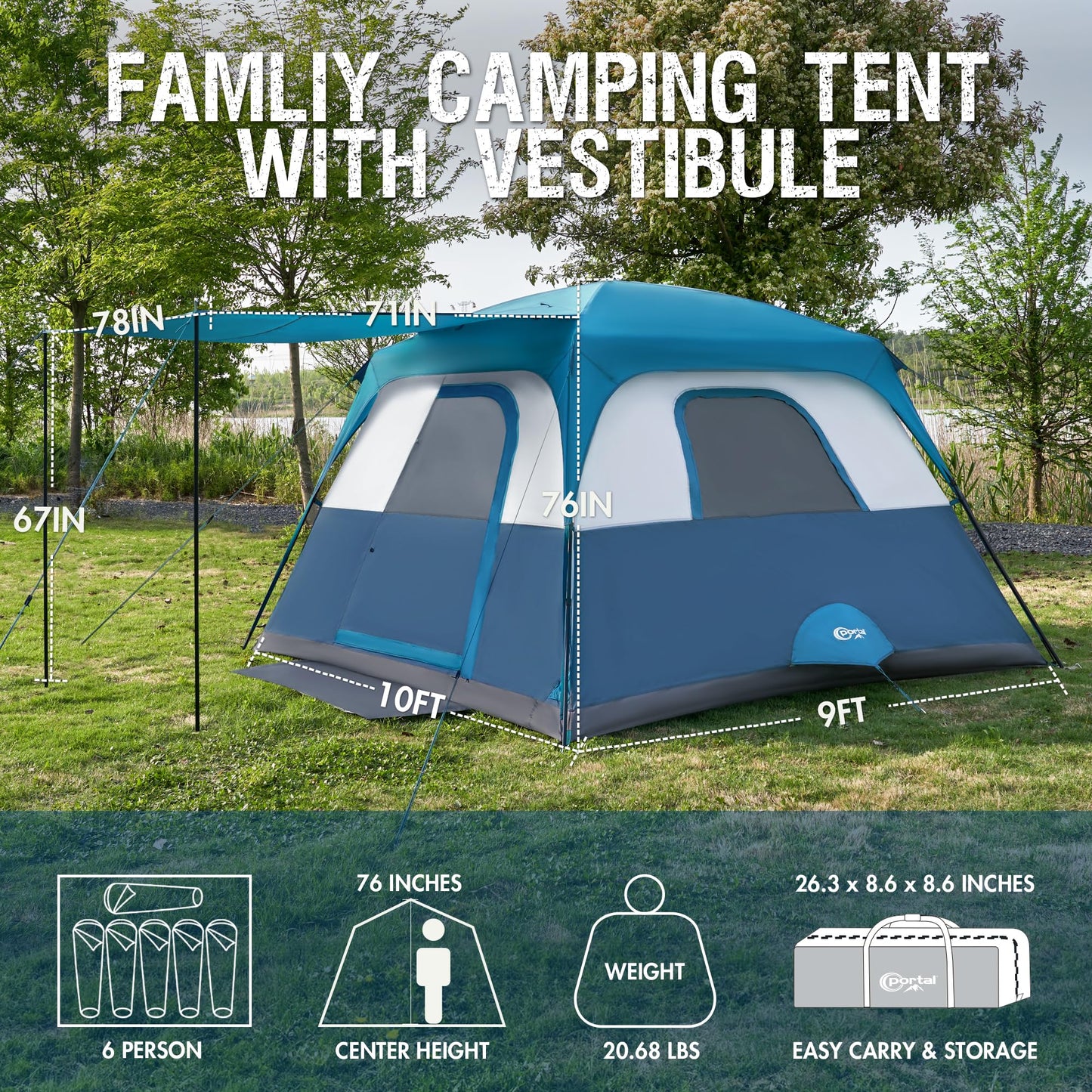 Portal 6 Person Cabin Tent for Camping with Porch, Family Waterproof Camping Tent with Rainfly and Carry Bag, 76" Tall Outdoor Tents for Camping