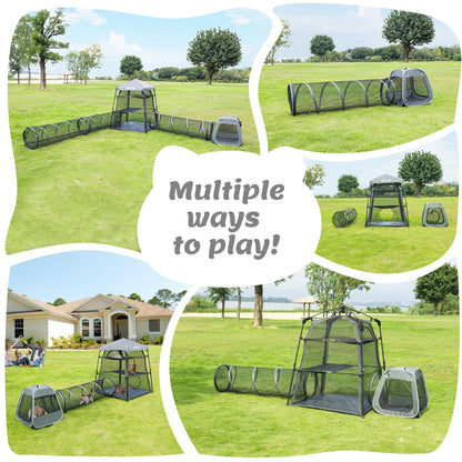 Catio Outdoor Cat Enclosure Combo for Indoor and Outdoor,3 Tier Cage Inside,Pop up Catio,Portable and Foldable(Includes cat Tower Tent, Tunnel and cage) Plus 2 cat Tunnel +1 Cube