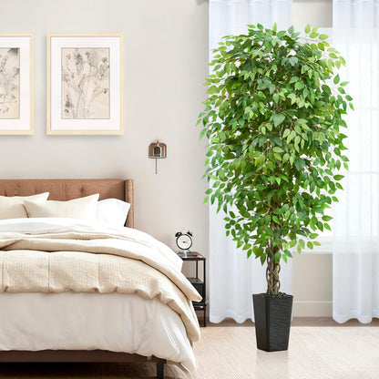 Artificial Ficus Tree 6FT Faux Plants Indoor Tall Fake Plants with Black Square Planter, Green Lifelike Lush Fake Ficus Tree for Home Living Room Bedroom Outdoor Balcony House Office Decor