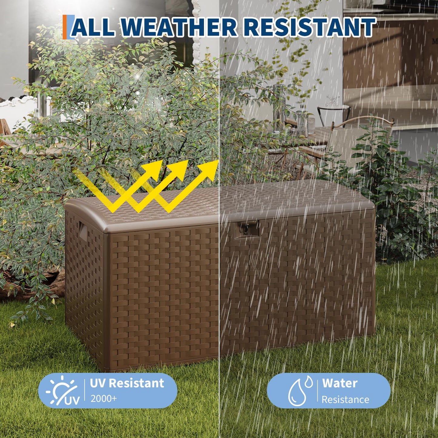 GarveeLife 100 Gallon Outdoor Storage Box, Large Resin Deck Box with Hydraulic Air Rod, Weatherproof & Lockable Outdoor Storage Bin for Patio Cushions, Garden Tools, Pool Supplies, Porch, Brown