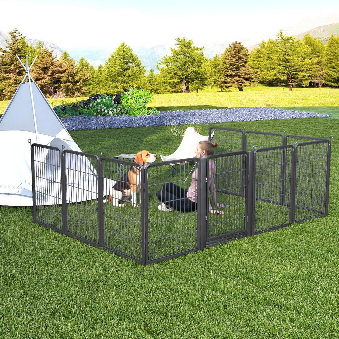1R2P3I Dog Playpen Outdoor with Low Threshold Gate, 32 inch 10 Panels Dog Play Pen Indoors, Heavy Duty Metal Puppy Playpen Dogs Pen, Rust-Resistant Pet Playpens for Yard RV Camping