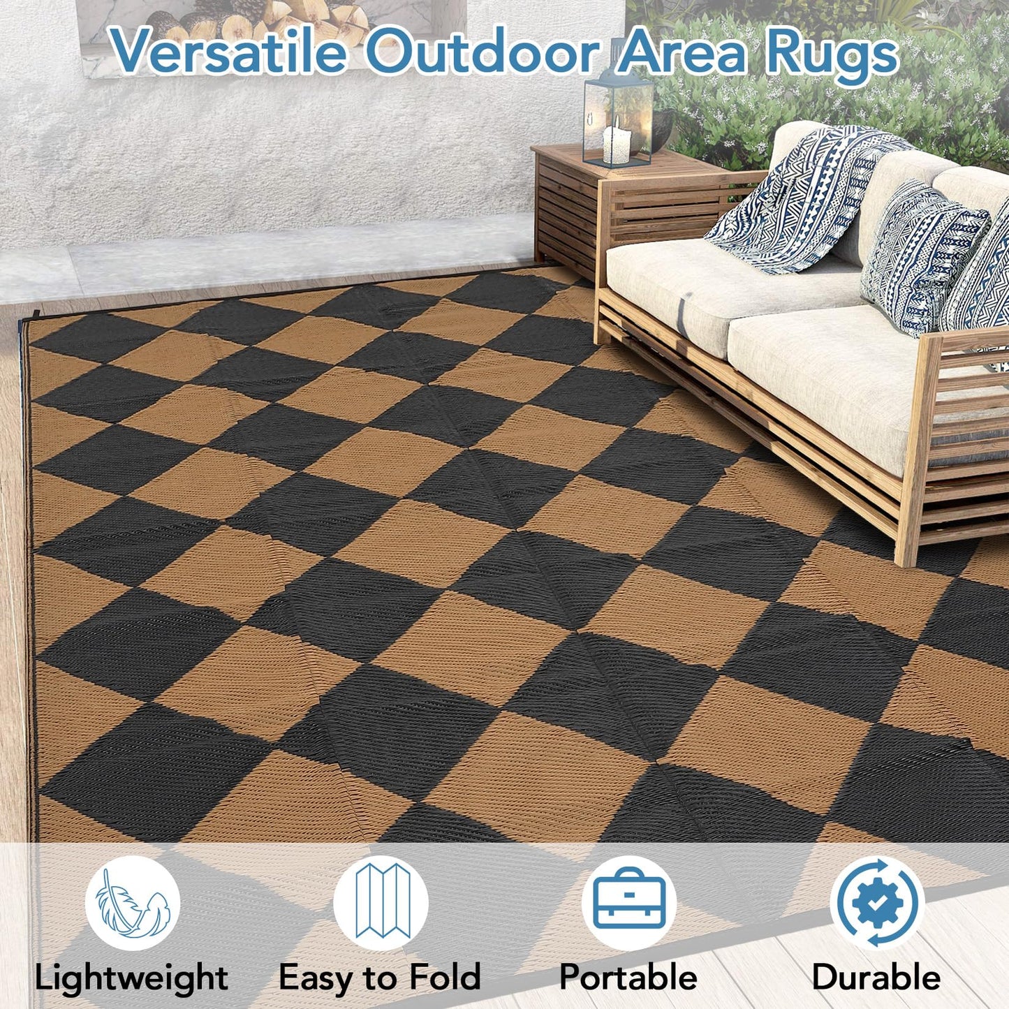 GarveeHome Outdoor Rug 9x18 ft Waterproof Mat Reversible Outdoor Plastic Straw Rug Patio Rug Camping Rug Portable Outdoor Mat for RV Porch Balcony Backyard Picnic Beach Black/Brown Diamond