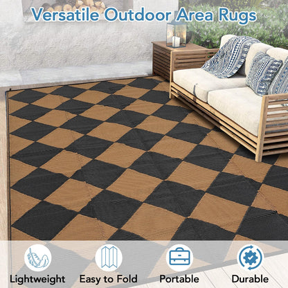GarveeHome Outdoor Rug 9x18 ft Waterproof Mat Reversible Outdoor Plastic Straw Rug Patio Rug Camping Rug Portable Outdoor Mat for RV Porch Balcony Backyard Picnic Beach Black/Brown Diamond