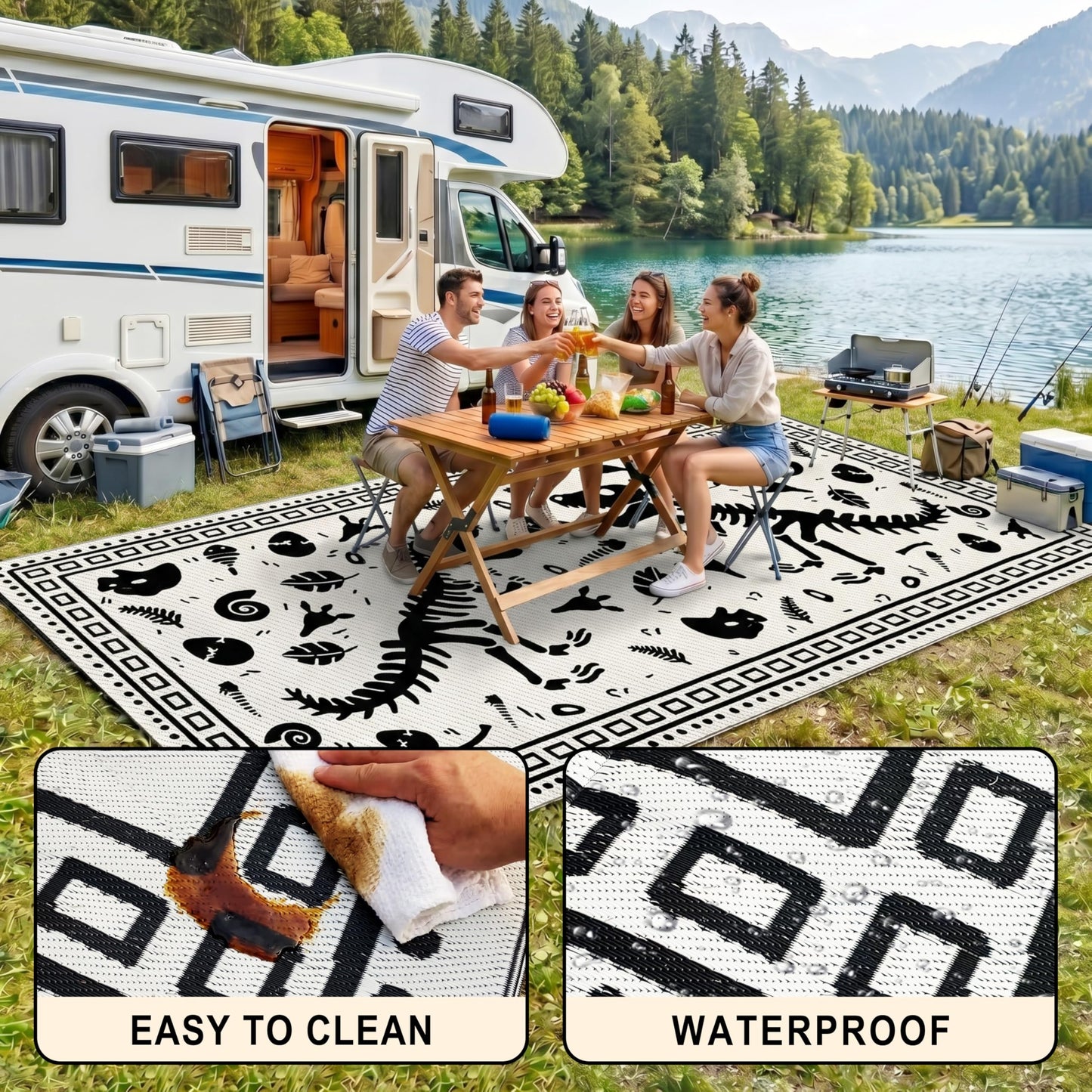 CircleRoad RV Outdoor Rug 9x18 Waterproof Patio Rug Mat with 4 Stakes UV Resistant Reverisble Plastic Straw Outdoor Rug with Carry Bag for RV Camping Picnic Beach Backyard