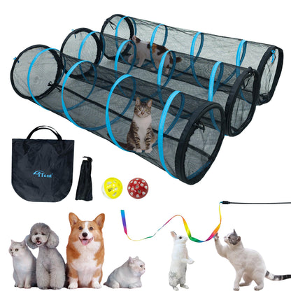 ITENT Cat Play Tunnel-for Indoors and Outdoors,Cat Tunnel Outdoor, Kitty Outdoor Enclosure, Cat Enclosures Easy to Connect with Two Zipper Doors,Product Size 59'' x 18'',3pcs /Set,Blue,3 Packs