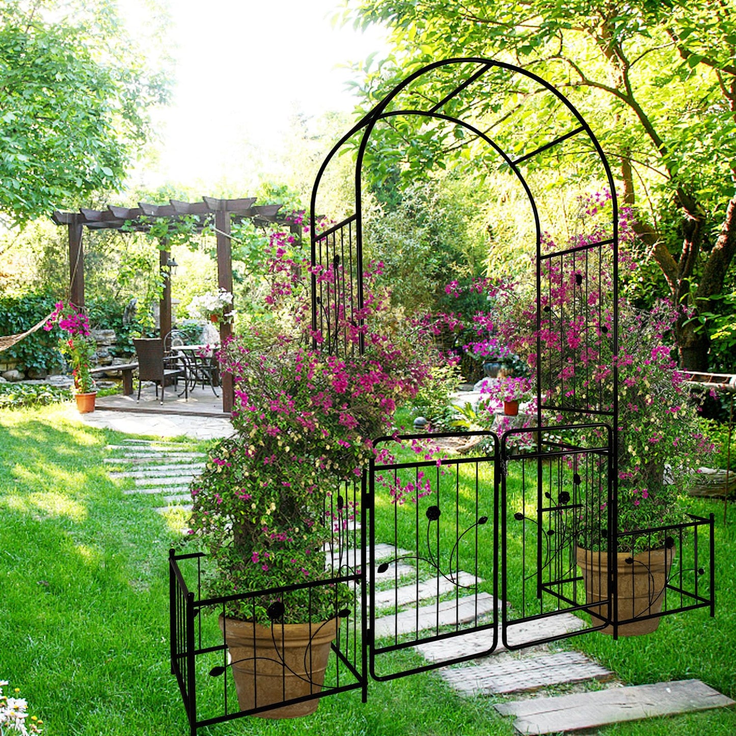 Jintop Metal Outdoor Garden Arch Iron Arbors Gazebo with 2 Plant Stands,High Birdcage Shape Pergola Pavilion,W/Ouble Gate Design,for Ivy Vines,Rose,Morning Glory,Black,79.5"x86.6"