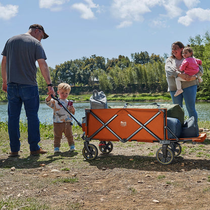 Timber Ridge 49" Extra Long Collapsible Folding Wagon with Tailgate and Brakes, 300lbs Heavy Duty Foldable Wagon with Adjustable Handle, 250L Capacity Portable Cart for Outdoor Camping Sports, Orange