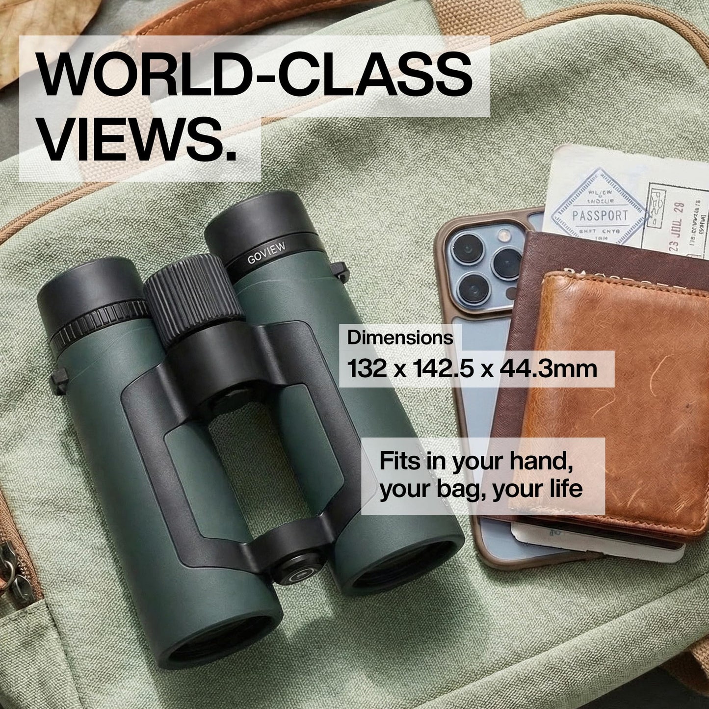 GOVIEW ZOOMR 10x42 Binoculars for Adults | Lightweight | BAK4 Prism with Fully Multi-Coated Optics Smartphone Adapter Compatible Waterproof IPX5/6 PORTR™ Strap with Easy Click Closure - Oak Green