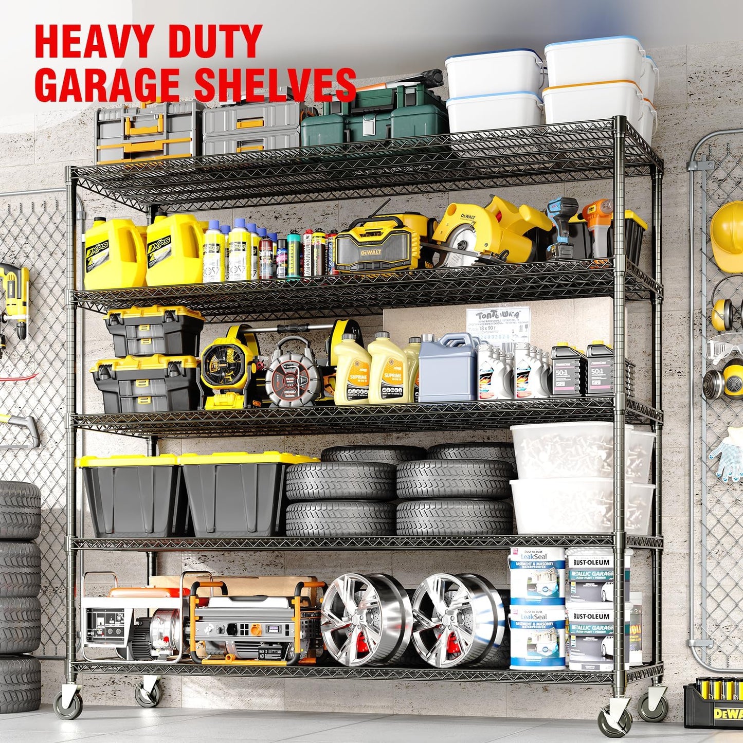 PeacefulHues 82.6" H Storage Shelves 3300LBS Heavy Duty Shelving Unit with Wheels & Feet, 5-Tiers Garage Shelving for Pantry Garage Kitchen Home Commercial, 82.6" H x 59" W x 23.6" D