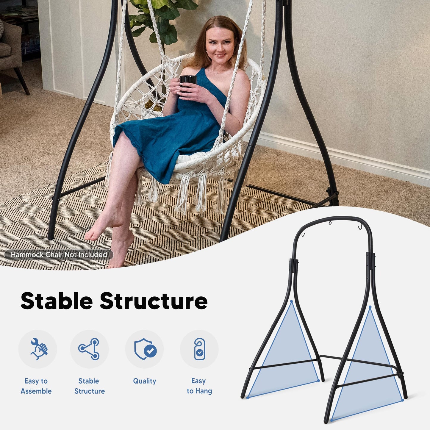 SUNCREAT Hammock Chair Stand, Heavy-Duty Steel Hammock Stand, 400 lbs Capacity, Adjustable Height, Dual-use Swing Stand for Outdoor Indoor, Hammock Chair not Included, Black