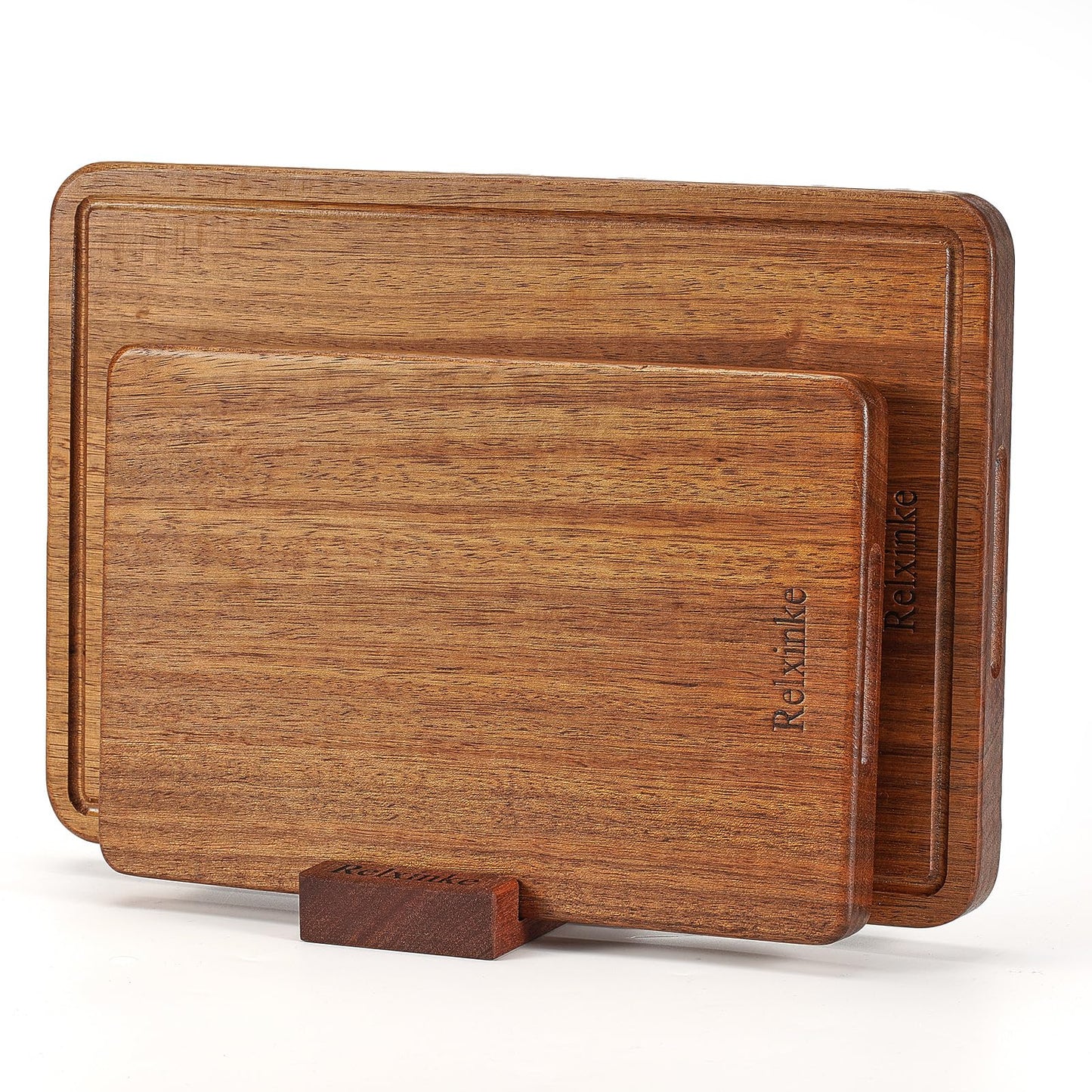 Relxinke Solid Teak Wood Cutting Board Set One Piece Non Glued Large Thick Crack Resistant Wooden Chopping Board with DeepJuice Grooves Built in Handles for Kitchen Meat Vegetable 18x12 IN &12X8 IN