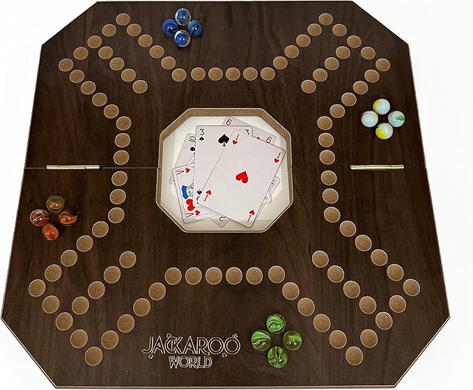 Jackaroo Board Game 2-4 Player Marble Strategy Game Solid Wooden Game with 16 Glass Marbles and 52 Cards Marble Chase Game Jokers and Marbles Board Game Foldable Board with Carry Bag (Walnut)
