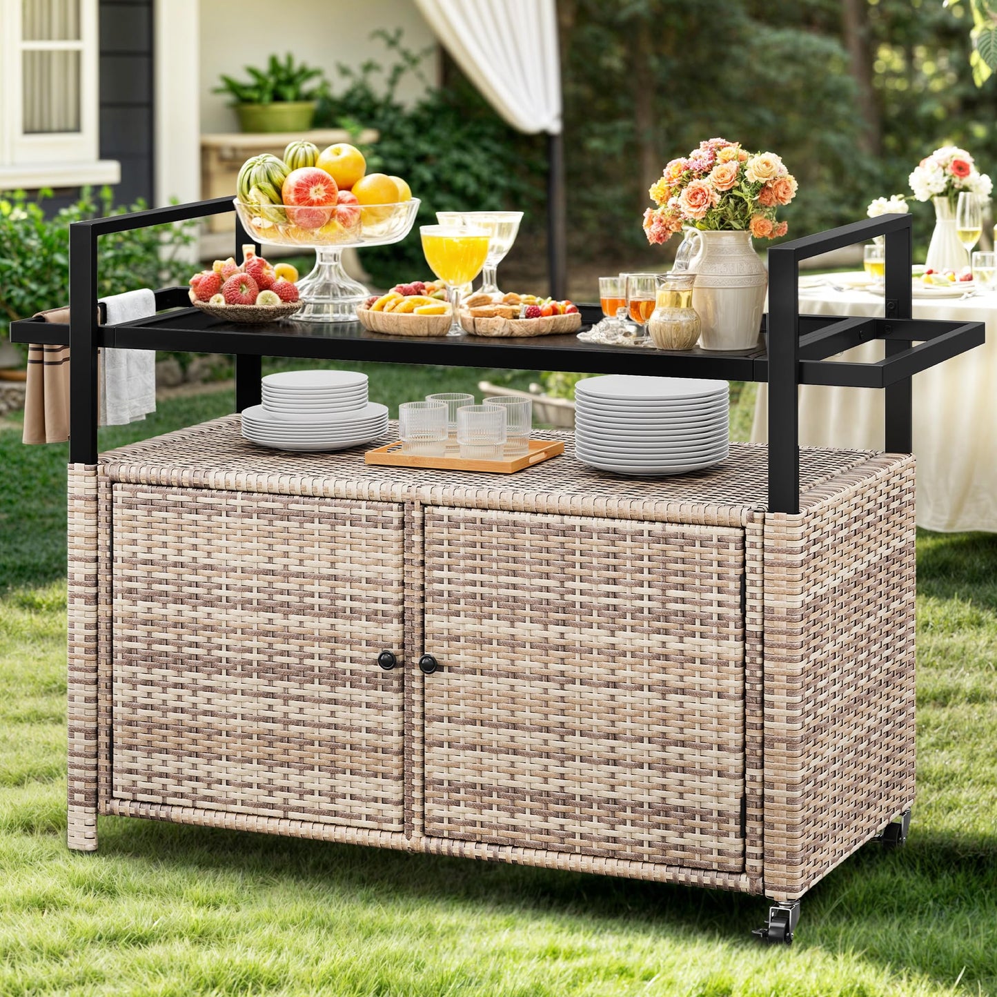 YITAHOME XL Outdoor Storage Cabinet, Outdoor Storage Cart with Wheels and Black Glass Table Top for Patio, Outdoor Cabinet for Poolside and Backyard (Light Brown)