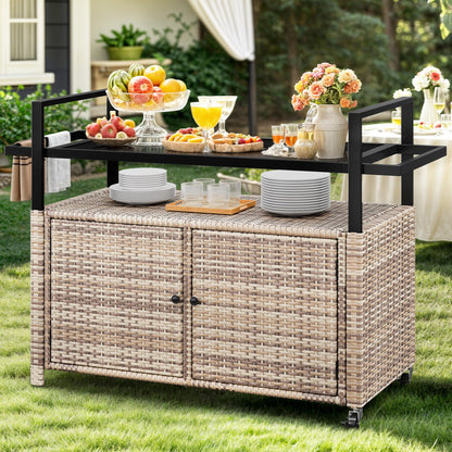 YITAHOME XL Outdoor Storage Cabinet, Outdoor Storage Cart with Wheels and Black Glass Table Top for Patio, Outdoor Cabinet for Poolside and Backyard (Light Brown)