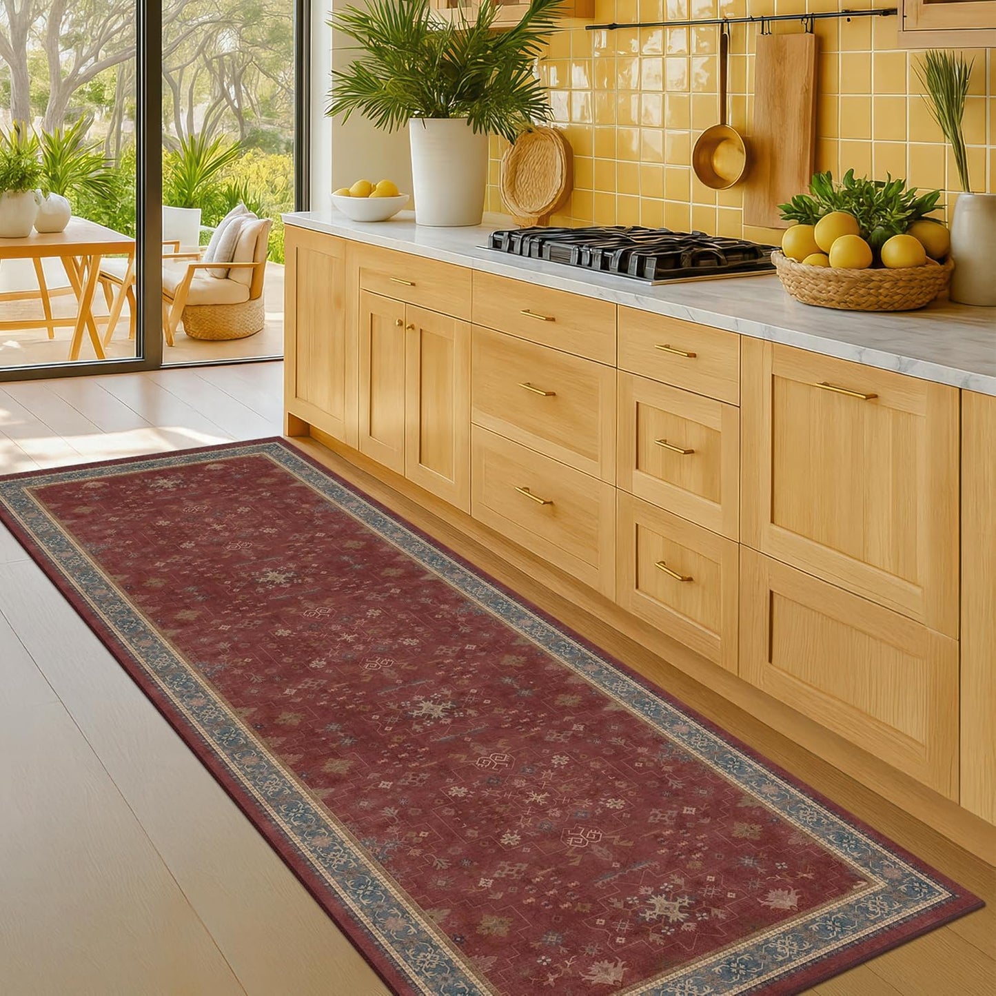 Turkish Kitchen Runner Rugs by [Brand Name] - Non-Skid & Washable | Dark Red, Ideal for Hallway & Bedroom