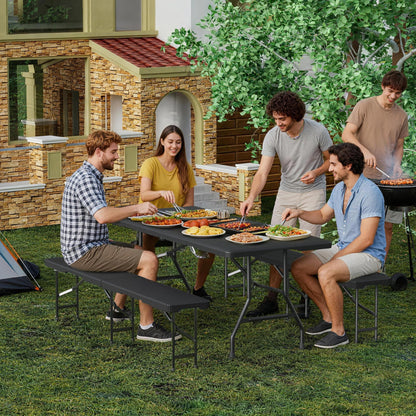 VSOAEIL 6 Foot Folding Picnic Table Set with 2 Benches, Camping Table Chair Set, HDPE Rattan Pattern Top, 3-Piece Portable Indoor Outdoor Furniture with Safety Locks & Handle for Party Camping, Black