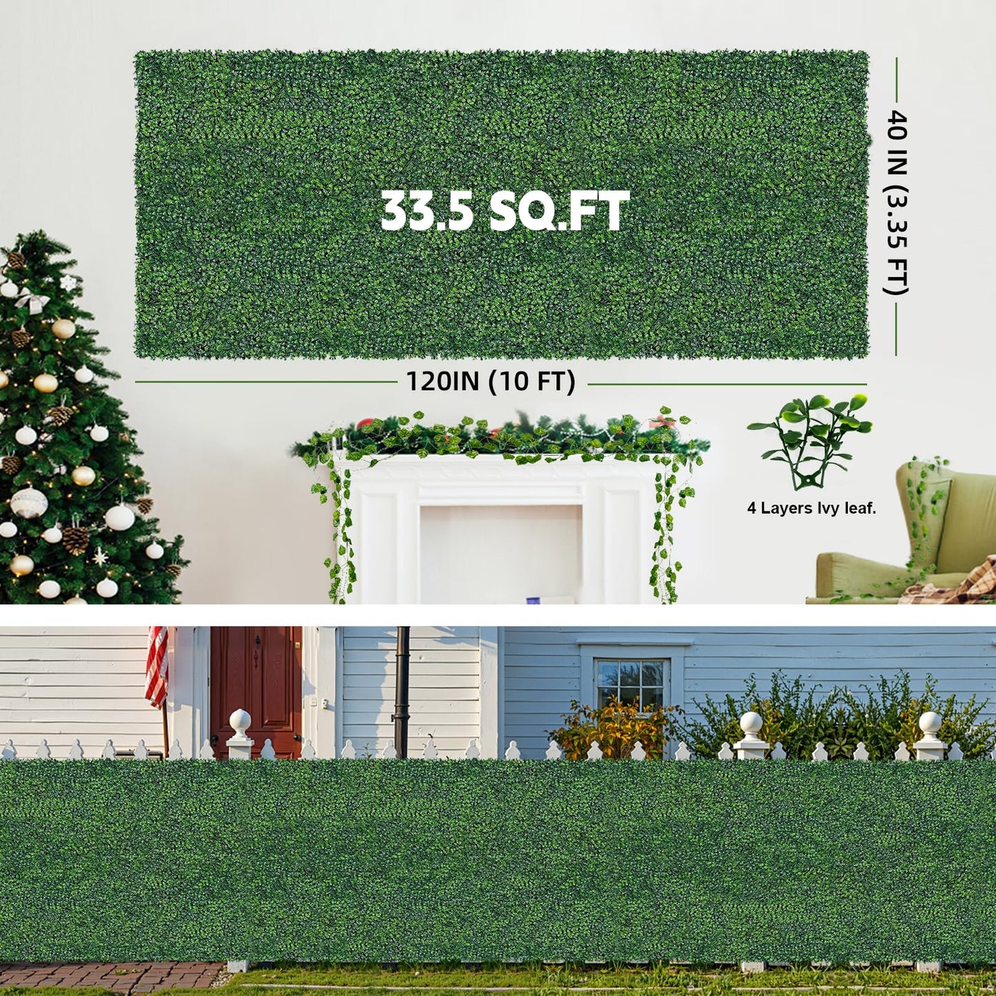 Artificial Boxwood Roll Grass Wall Panels, Greenery Outdoor 40"x120" (33.33 Sqft) UV-Anti Fake Ivy Privacy Fence Screen for Patio, Balcony, Garden, Backyard, and Fence Decor-Includes 5 PCS 79" Vines