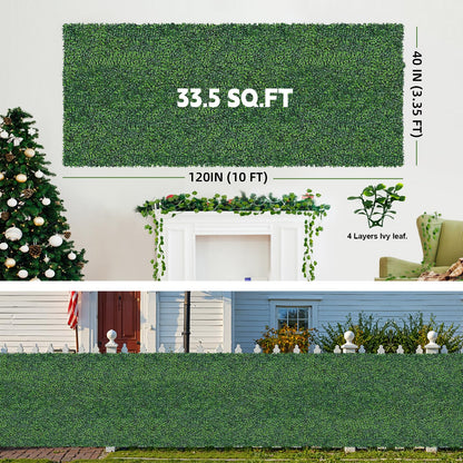 Artificial Boxwood Roll Grass Wall Panels, Greenery Outdoor 40"x120" (33.33 Sqft) UV-Anti Fake Ivy Privacy Fence Screen for Patio, Balcony, Garden, Backyard, and Fence Decor-Includes 5 PCS 79" Vines