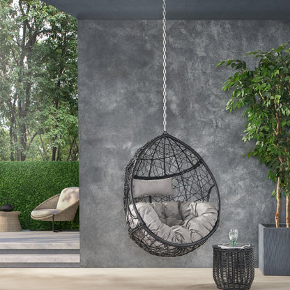 Merax Modern PE Wicker Egg Hanging Chair with Cushion, Outdoor Swing Rattan Chair for Balcony Bedroom, Backyard Gray+Black
