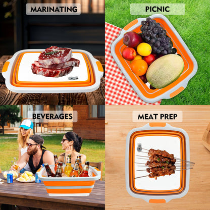 Verdvoca 1 Piece XXL & 2Pcs XL Collapsible BBQ Prep Tubs/Cutting Board with Lids for Fruit Prep & Washing, Meal Marinating and Food Storage (16L Orange +30L Black+16L Black)