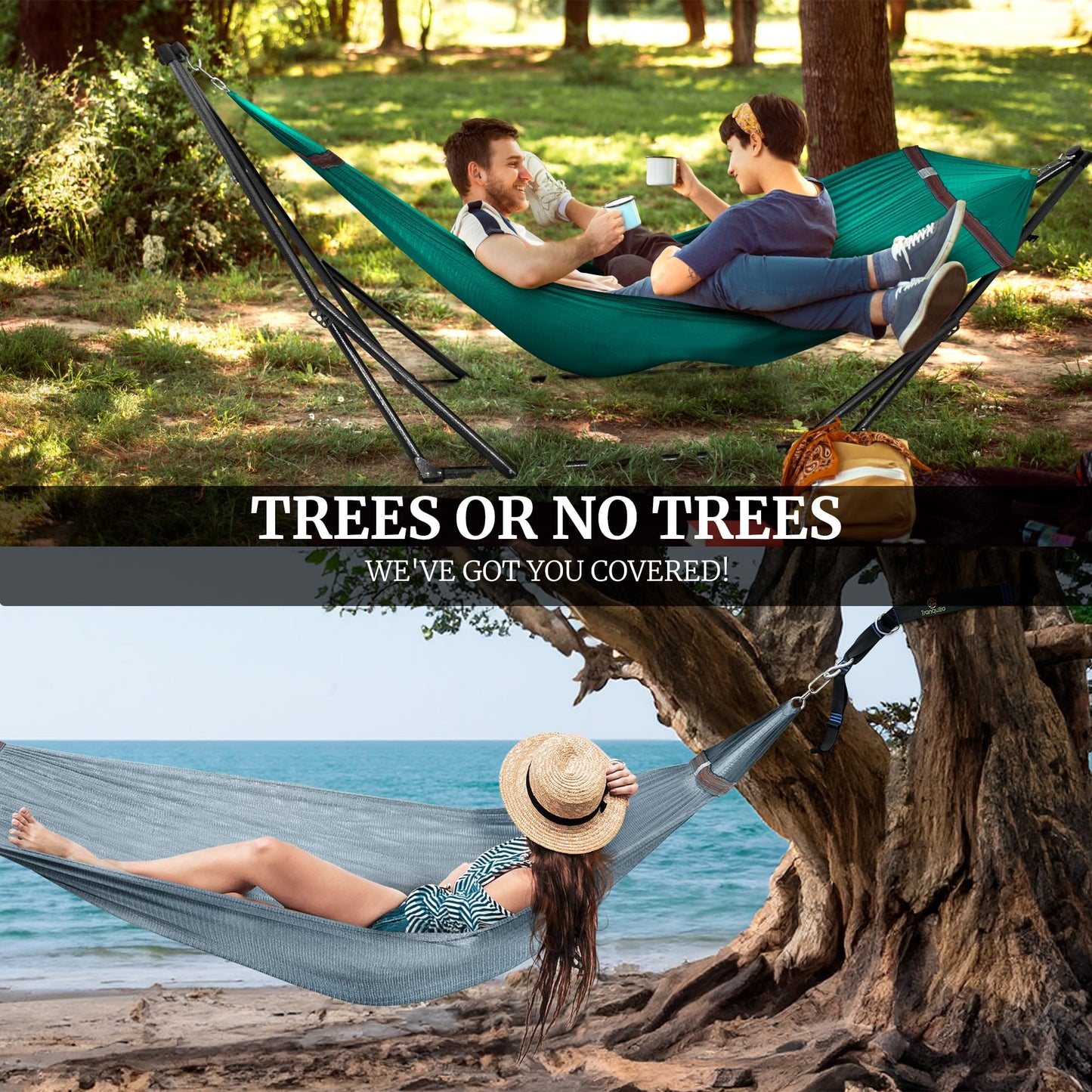 Tranquillo Combo x2 Hammocks with Stand for Outside & Tree Straps, Heavy Duty Hammock with Stand 600lbs for Indoor Outdoor Patio Backyard, x2 Hammocks for 2 Person (Combo - Peacock, Medium)