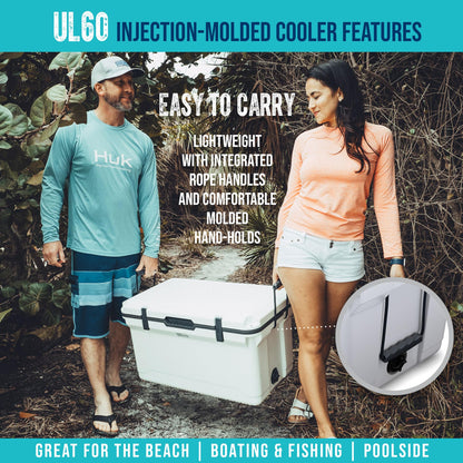 ENGEL 60 QT Ultra-Light Injection Molded Cooler - Ice Chest Keeps Ice up to 7 Days - Large Cooler Includes Wire Basket, Divider and Built-in Bottle Opener - Blue with Dark Grey Interior (Blue)